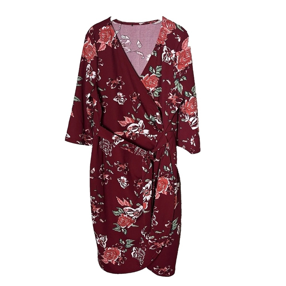 Women's Sheath Dress Size Large Side Tie V-Neck 3/4 Sleeves Floral Deep Red